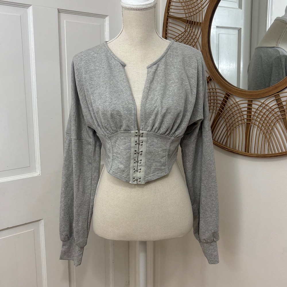 Fashion Nova Knit Corset Top L Gray Hook Eye Cinched Waist Y2K Streetwear Grunge